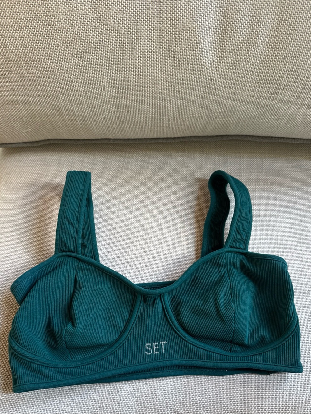 EUC SET Active Women’s SculptFlex Couture Teal  Green Ribbed Bra Med Striped